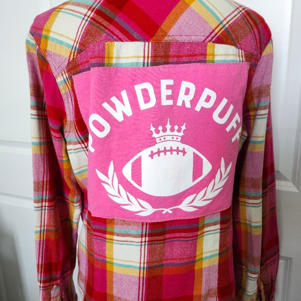 Re-styled flannel pink plaid long sleeve blouse size XL